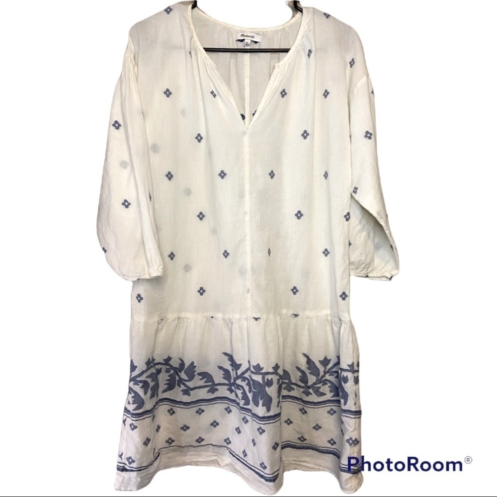 Madewell top shirt tunic white with blue design lightweight shirt size XS H-03